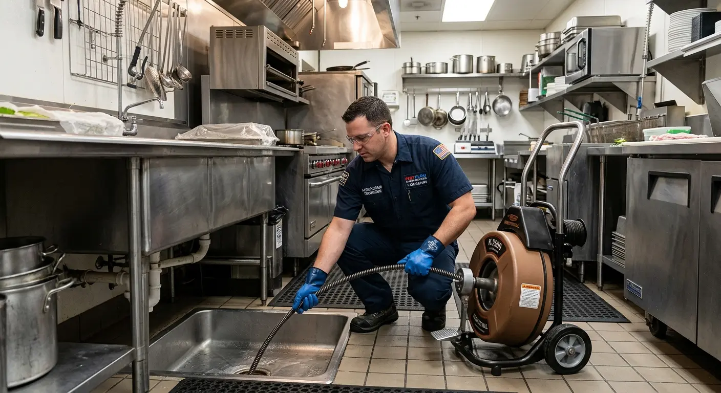 Commercial drain cleaning service in a restaurant kitchen in Vienna