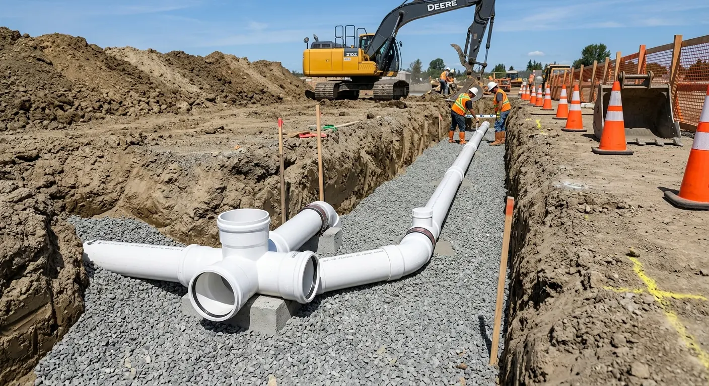New PVC sewer pipe installation in open trench for Sewer Backup in Vienna